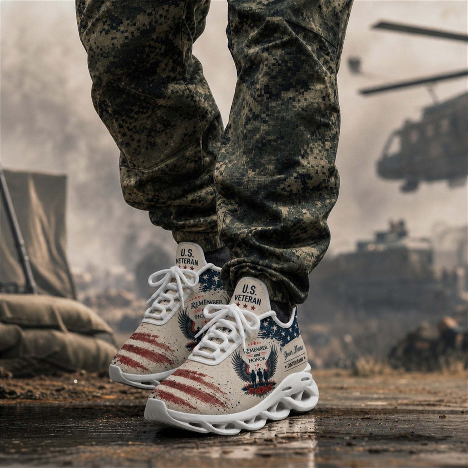 Custom Name Vietnam Veteran American Flag Max Soul Shoes, Veteran Sneaker