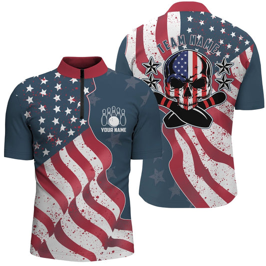 Vintage American Flag Patriotic Skull Bowling Jersey Shirt For Men Custom Bowling Team Jerseys, Bowling Jersey Shirt