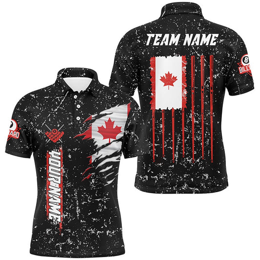 Vintage Canada Flag Custom Black Grunge Billiard Shirts, Patriotic Gifts For Pool Lover, Billiard Team Polo Shirts