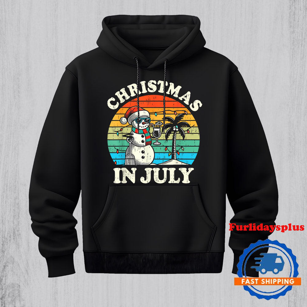 Vintage Christmas In July Snowman Summer Beach Vacation Xmas Hoodie, Christmas T Shirt, Christmas Sweatshirt