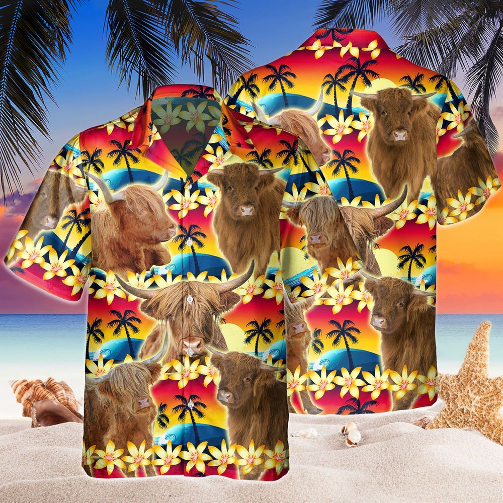 Vintage Highland Tropical Sunset Hibiscus And Palm Tree All Over Printed Hawaiian Shirt, Farm Hawaiian Shirt, Farmer Hawaii