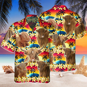 Vintage Highland Tropical Sunset Hibiscus And Palm Tree All Over Printed Hawaiian Shirt, Farm Hawaiian Shirt, Farmer Hawaii