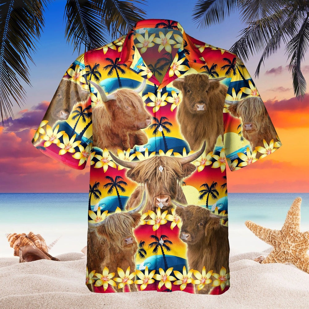 Vintage Highland Tropical Sunset Hibiscus And Palm Tree All Over Printed Hawaiian Shirt, Farm Hawaiian Shirt, Farmer Hawaii