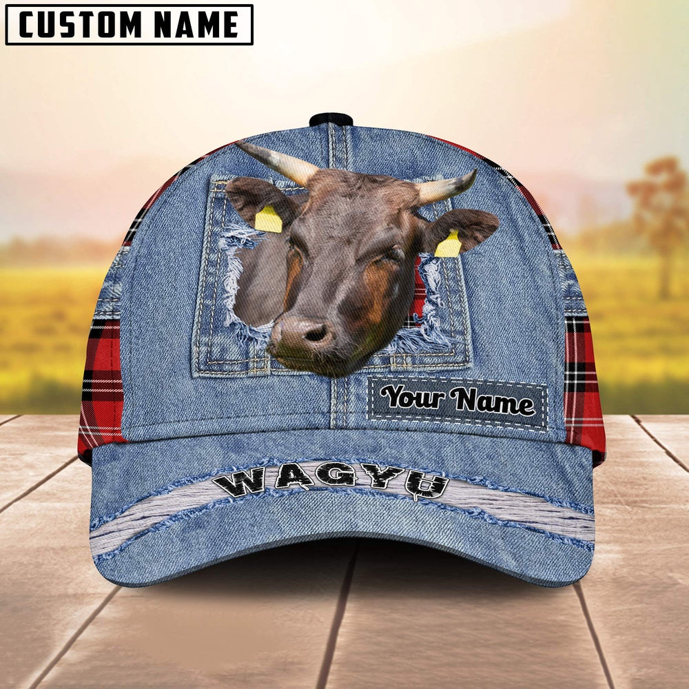 Wagyu Overall Jeans Pattern And Red Caro Pattern Customized Name Cap, Farmer Cap, Cap For Farmers, Best Farm Hat, Farm Use Hat