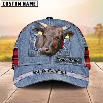 Wagyu Overall Jeans Pattern And Red Caro Pattern Customized Name Cap, Farmer Cap, Cap For Farmers, Best Farm Hat, Farm Use Hat