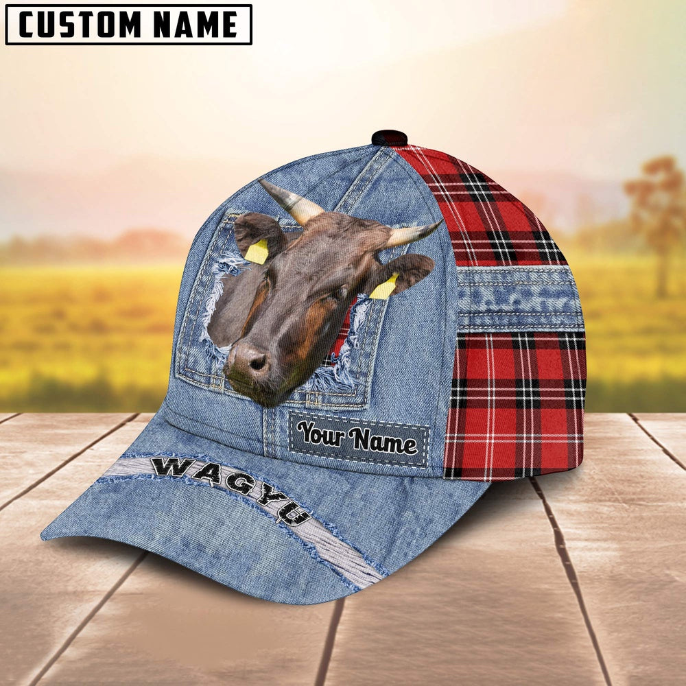 Wagyu Overall Jeans Pattern And Red Caro Pattern Customized Name Cap, Farmer Cap, Cap For Farmers, Best Farm Hat, Farm Use Hat