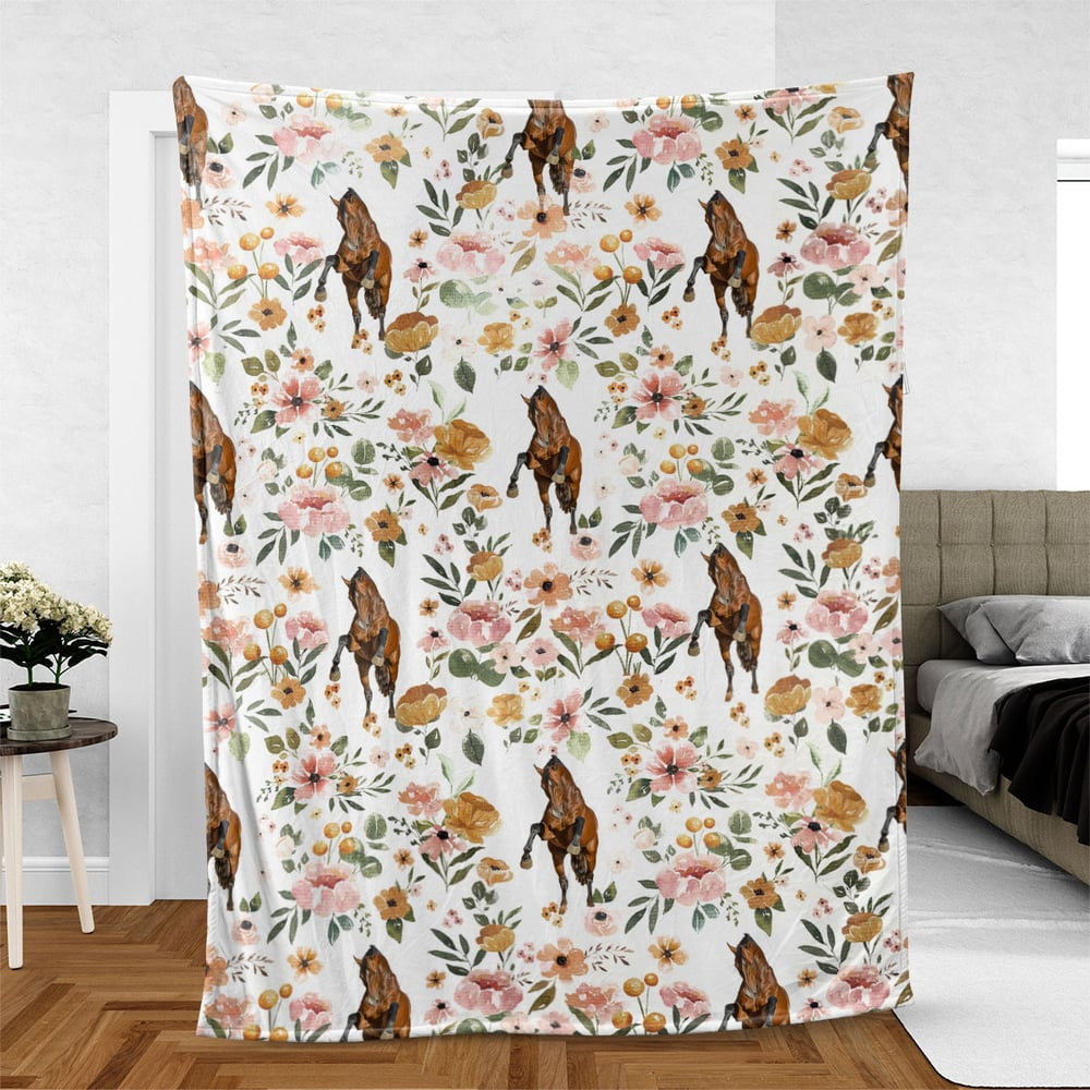 Warmbloods Horse Floral Pattern Blanket, Farm Blanket, Farm Animal Blanket