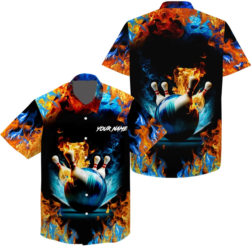 Water Fire Background, Custom Name Hawaiian Bowling Shirts For Men, Bowling Team Shirts, Bowling Team Hawaiian