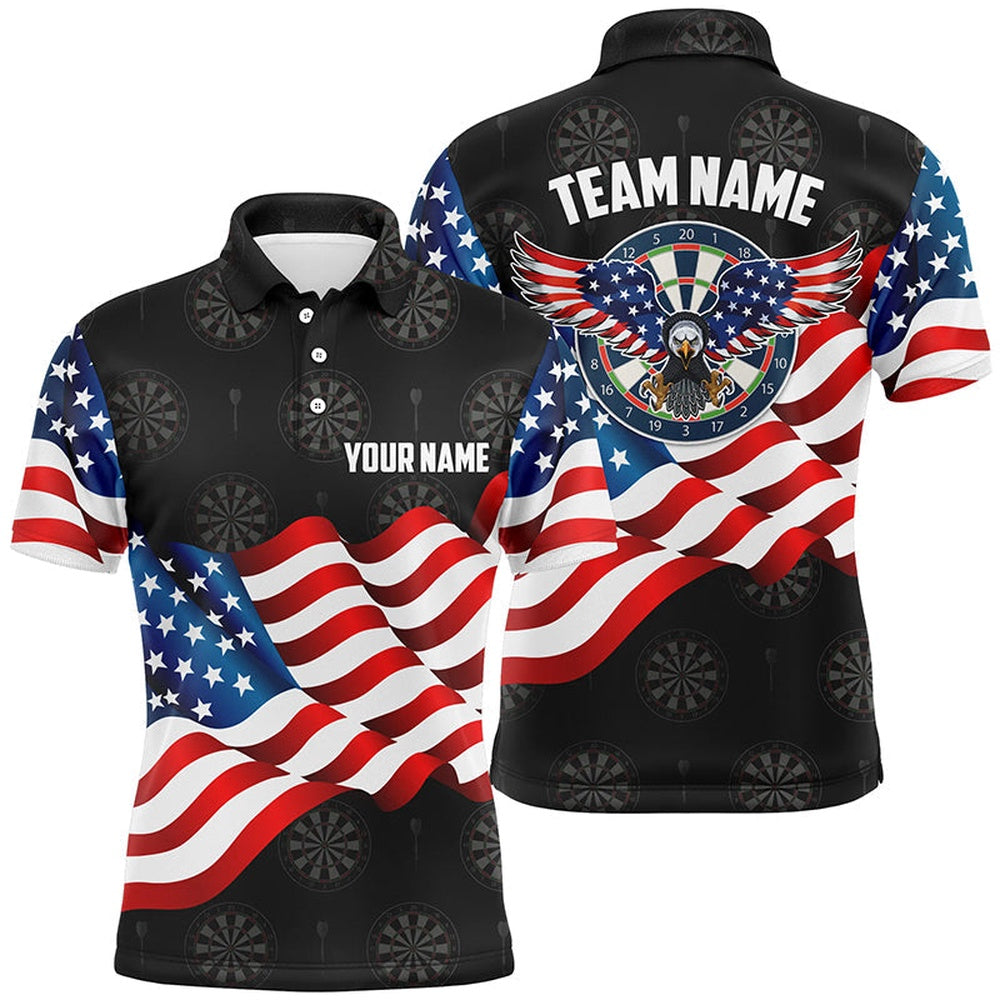 Waving American Flag Mens Darts Polo Shirt Custom Eagle Patriotic Men Darts Polo Shirt, Darts Team Polo Shirt