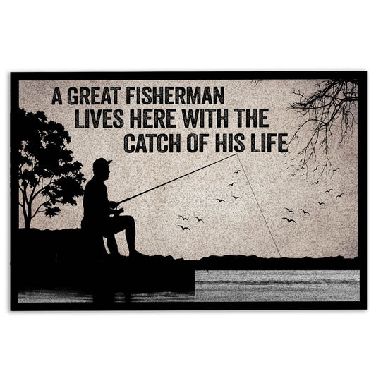 Welcome Doormat, A Great Fisherman Lives here with the catch of his life Welcome Doormat, Indoor Outdoor Doormat Home Decor
