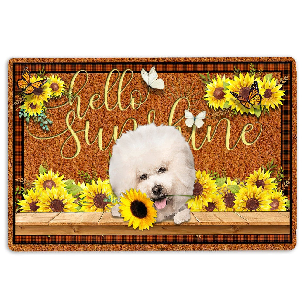 Welcome Doormat, Bichon Frise Dog Hello Sunflower Butterfly Welcome Doormat, Indoor Outdoor Doormat Home Decor