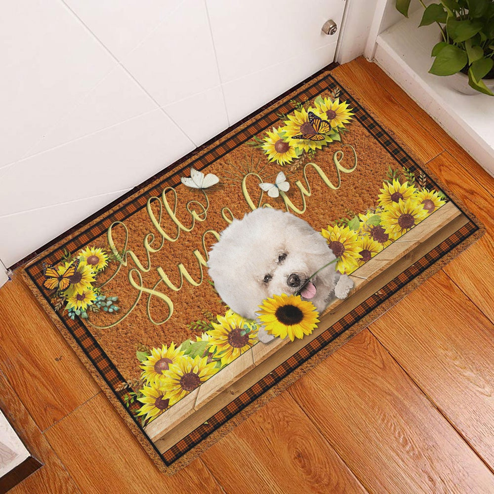 Welcome Doormat, Bichon Frise Dog Hello Sunflower Butterfly Welcome Doormat, Indoor Outdoor Doormat Home Decor