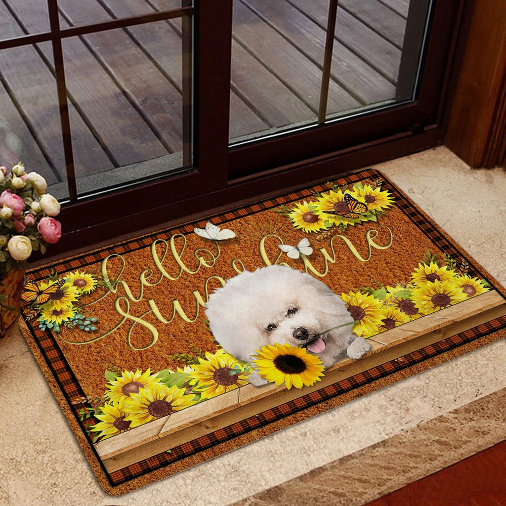 Welcome Doormat, Bichon Frise Dog Hello Sunflower Butterfly Welcome Doormat, Indoor Outdoor Doormat Home Decor