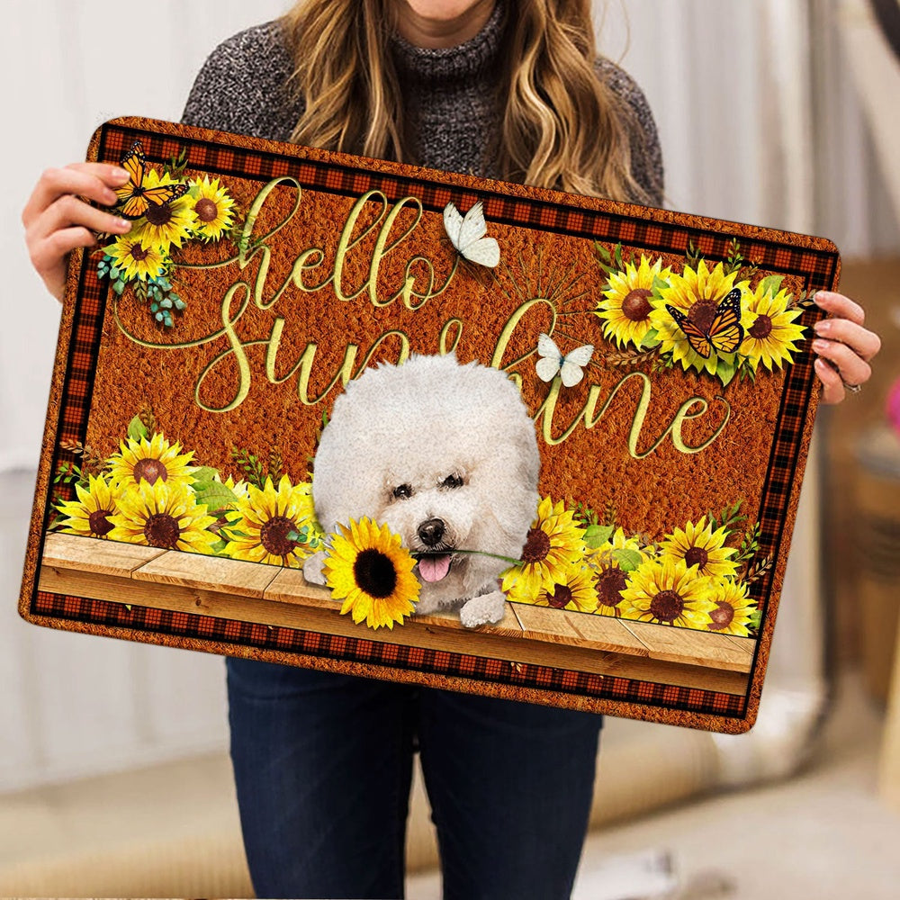 Welcome Doormat, Bichon Frise Dog Hello Sunflower Butterfly Welcome Doormat, Indoor Outdoor Doormat Home Decor