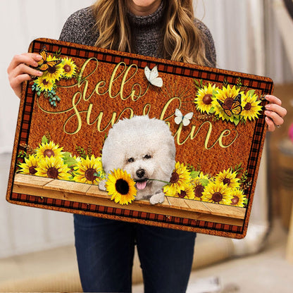 Welcome Doormat, Bichon Frise Dog Hello Sunflower Butterfly Welcome Doormat, Indoor Outdoor Doormat Home Decor