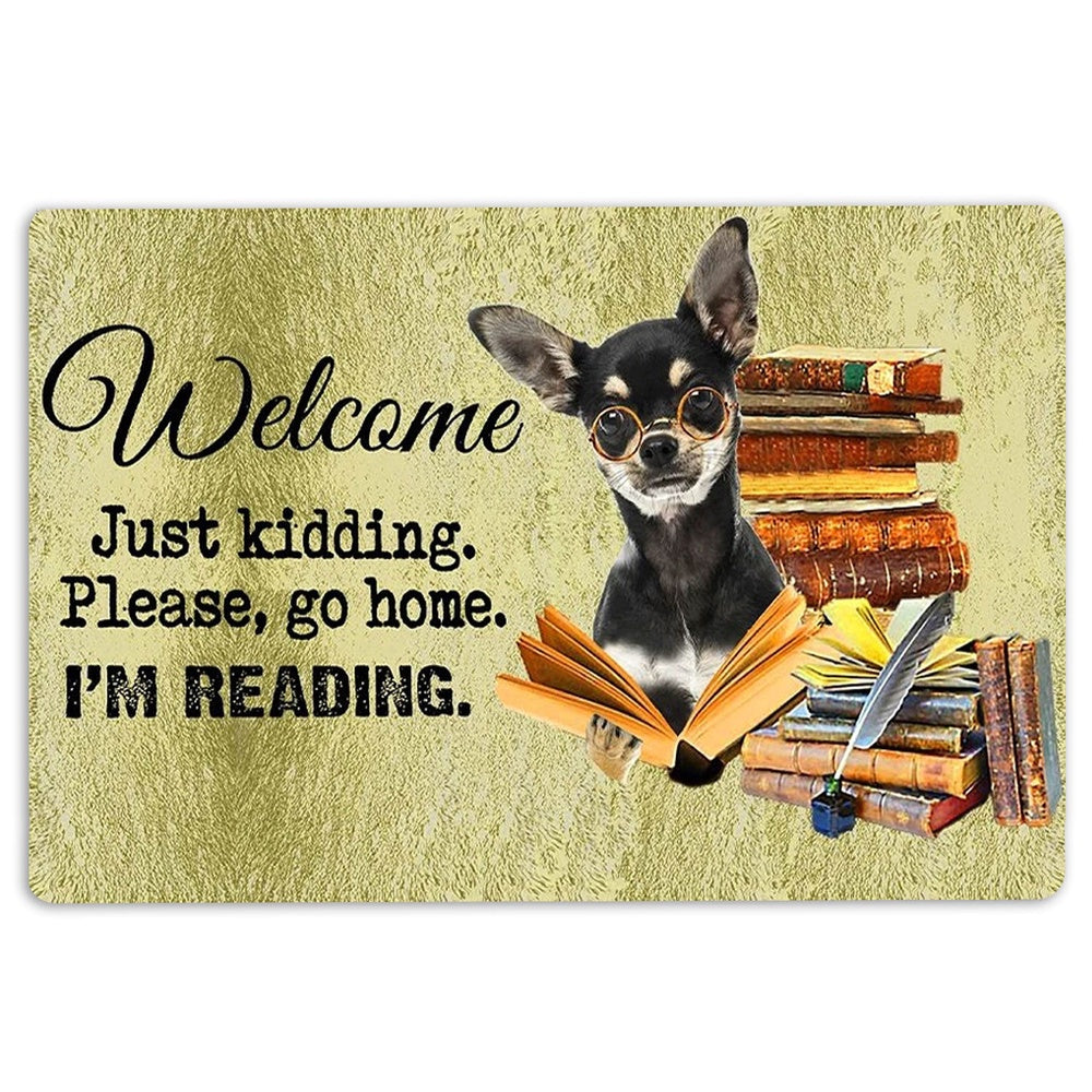 Welcome Doormat, Black And Tan Dog And Book Please Go Home I'm Reading Welcome Doormat, Indoor Outdoor Doormat Home Decor