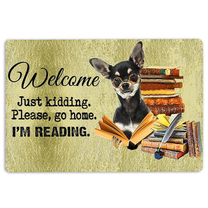 Welcome Doormat, Black And Tan Dog And Book Please Go Home I'm Reading Welcome Doormat, Indoor Outdoor Doormat Home Decor