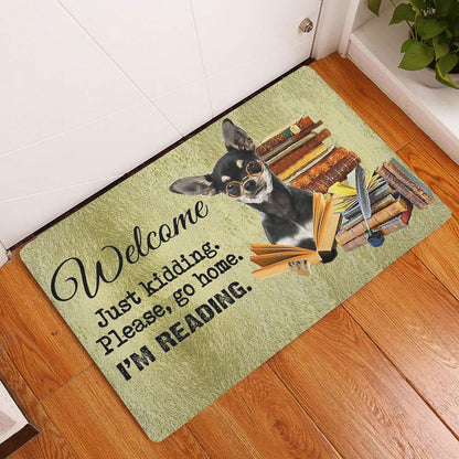 Welcome Doormat, Black And Tan Dog And Book Please Go Home I'm Reading Welcome Doormat, Indoor Outdoor Doormat Home Decor