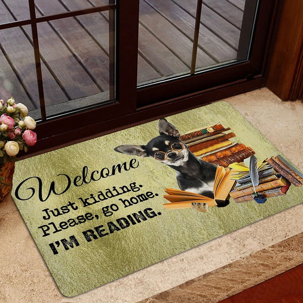 Welcome Doormat, Black And Tan Dog And Book Please Go Home I'm Reading Welcome Doormat, Indoor Outdoor Doormat Home Decor