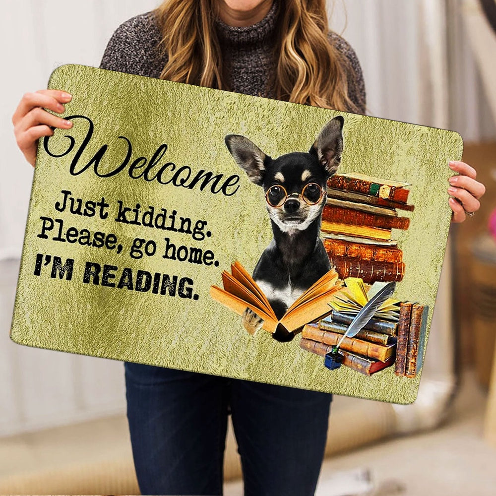 Welcome Doormat, Black And Tan Dog And Book Please Go Home I'm Reading Welcome Doormat, Indoor Outdoor Doormat Home Decor