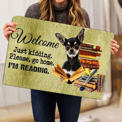 Welcome Doormat, Black And Tan Dog And Book Please Go Home I'm Reading Welcome Doormat, Indoor Outdoor Doormat Home Decor