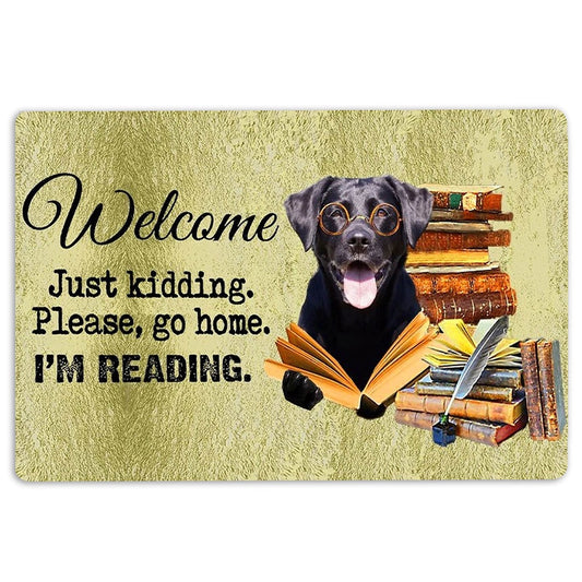 Welcome Doormat, Black Labrador Dog And Book Please Go Home I'm Reading Welcome Doormat, Indoor Outdoor Doormat Home Decor