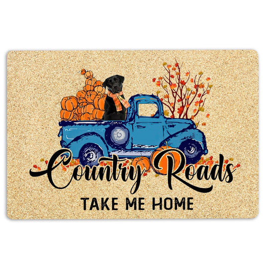 Welcome Doormat, Black Labrador Dog Country Road Take Me Home Fall Pumpkin Autumn Welcome Doormat, Indoor Outdoor Doormat Home Decor