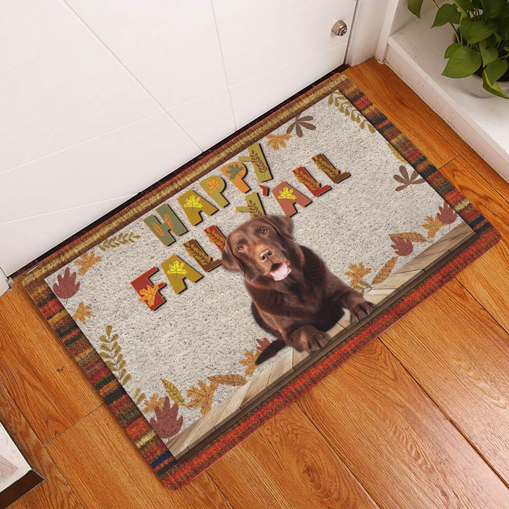 Welcome Doormat, Chocolate Labrador Dog Happy Fall Y'all Pumpkin Spice Maple Leaf Welcome Doormat, Pets Home Decor Door Mat