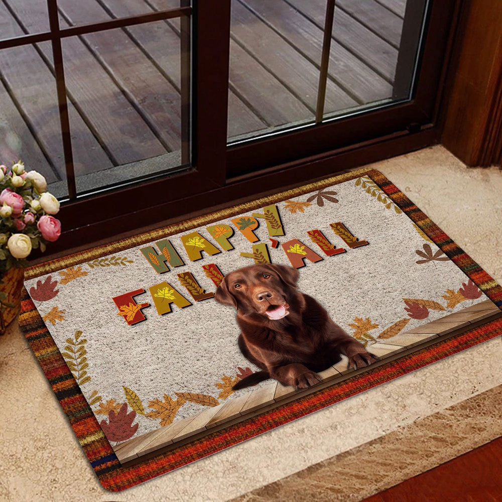 Welcome Doormat, Chocolate Labrador Dog Happy Fall Y'all Pumpkin Spice Maple Leaf Welcome Doormat, Pets Home Decor Door Mat