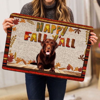 Welcome Doormat, Chocolate Labrador Dog Happy Fall Y'all Pumpkin Spice Maple Leaf Welcome Doormat, Pets Home Decor Door Mat