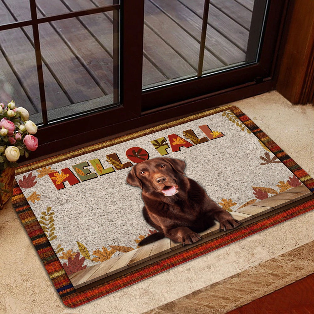Welcome Doormat, Chocolate Labrador Hello Fall Pumpkin Spice Maple Leaf Autumn Welcome Doormat, Pets Home Decor Door Mat