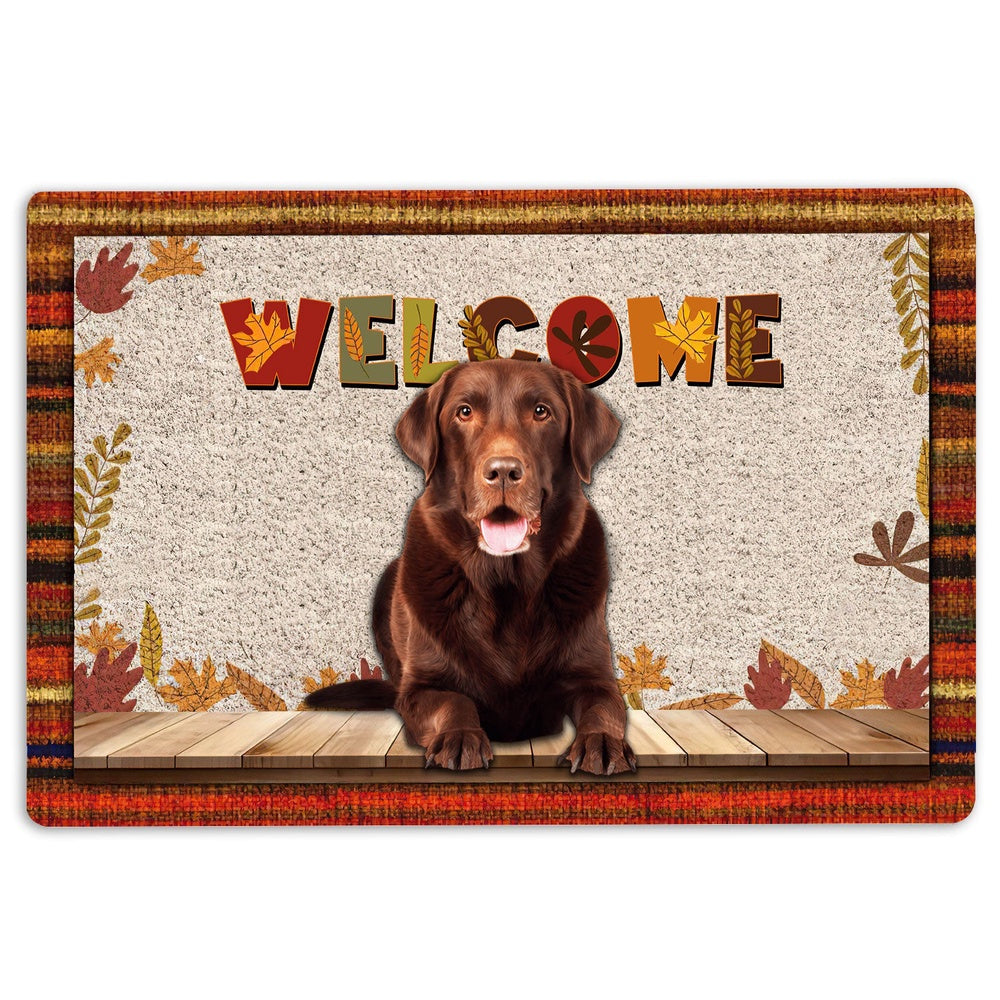 Welcome Doormat, Chocolate Labrador Welcome Fall Autumn Pumpkin Spice Maple Leaf Welcome Doormat, Pets Home Decor Door Mat