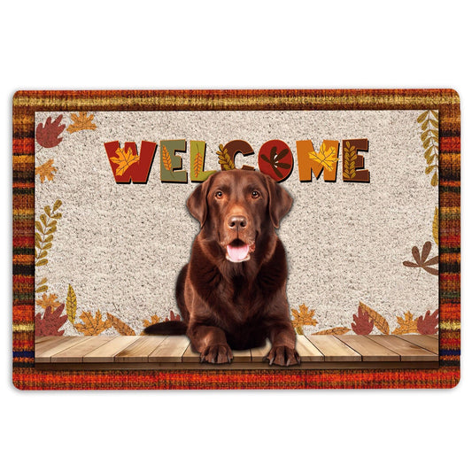 Welcome Doormat, Chocolate Labrador Welcome Fall Autumn Pumpkin Spice Maple Leaf Welcome Doormat, Pets Home Decor Door Mat