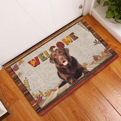Welcome Doormat, Chocolate Labrador Welcome Fall Autumn Pumpkin Spice Maple Leaf Welcome Doormat, Pets Home Decor Door Mat