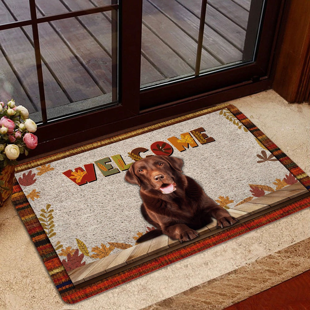 Welcome Doormat, Chocolate Labrador Welcome Fall Autumn Pumpkin Spice Maple Leaf Welcome Doormat, Pets Home Decor Door Mat