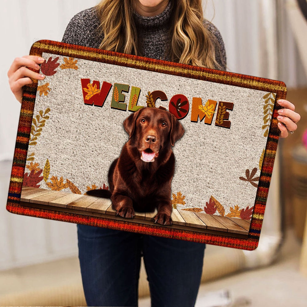 Welcome Doormat, Chocolate Labrador Welcome Fall Autumn Pumpkin Spice Maple Leaf Welcome Doormat, Pets Home Decor Door Mat
