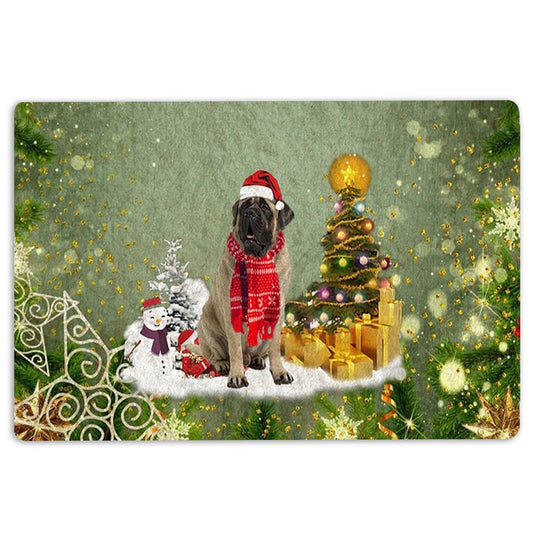 Welcome Doormat, English Mastiff Merry Christmas Snow Christmas Tree Xmas Holiday Welcome Doormat, Pets Home Decor Door Mat