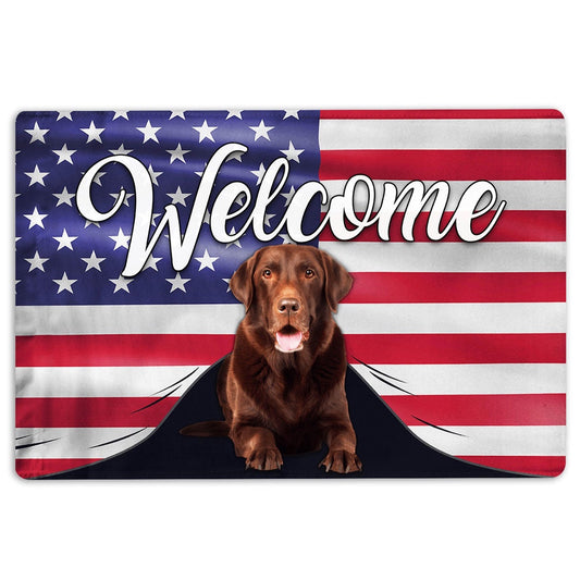 Welcome Doormat, Funny Chocolate Labrador Dog Welcome American Flag USA Patriotic Welcome Doormat, Pets Home Decor Door Mat