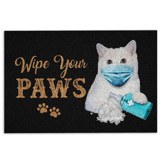 Welcome Doormat, Funny White Cat Kitten Wearing Face Mask Wipe Your Paws Black Welcome Doormat, Pets Home Decor Door Mat