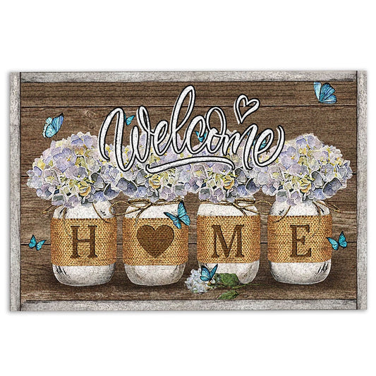Welcome Doormat, Hydrangea Jars Floral Butterfly Welcome Home Brown Housewarming Welcome Doormat, Indoor Outdoor Doormat Home Decor
