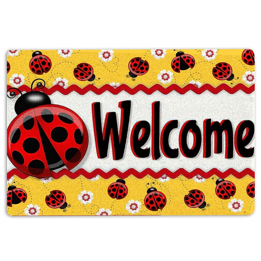 Welcome Doormat, Ladybugs Daisy Flower Garden Welcome Happy Spring Yellow Welcome Doormat, Indoor Outdoor Doormat Home Decor