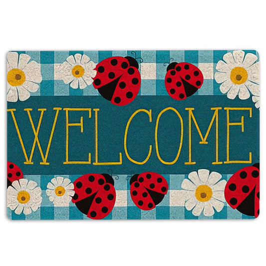 Welcome Doormat, Ladybugs Daisy Garden Welcome Happy Spring Black & White Tartan Welcome Doormat, Indoor Outdoor Doormat Home Decor