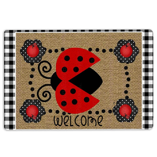 Welcome Doormat, Ladybugs on Leaves Garden Welcome Happy Spring Brown Welcome Doormat, Indoor Outdoor Doormat Home Decor