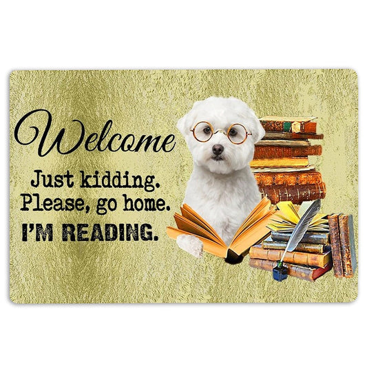 Welcome Doormat, Maltese Dog And Book Please Go Home I'm Reading Welcome Doormat, Pets Home Decor Door Mat