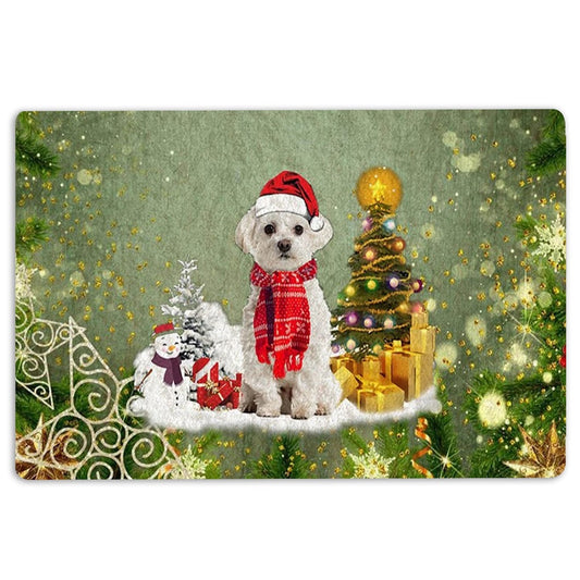 Welcome Doormat, Maltese Dog Merry Christmas Snow Christmas Tree Xmas Holidays Welcome Doormat, Pets Home Decor Door Mat