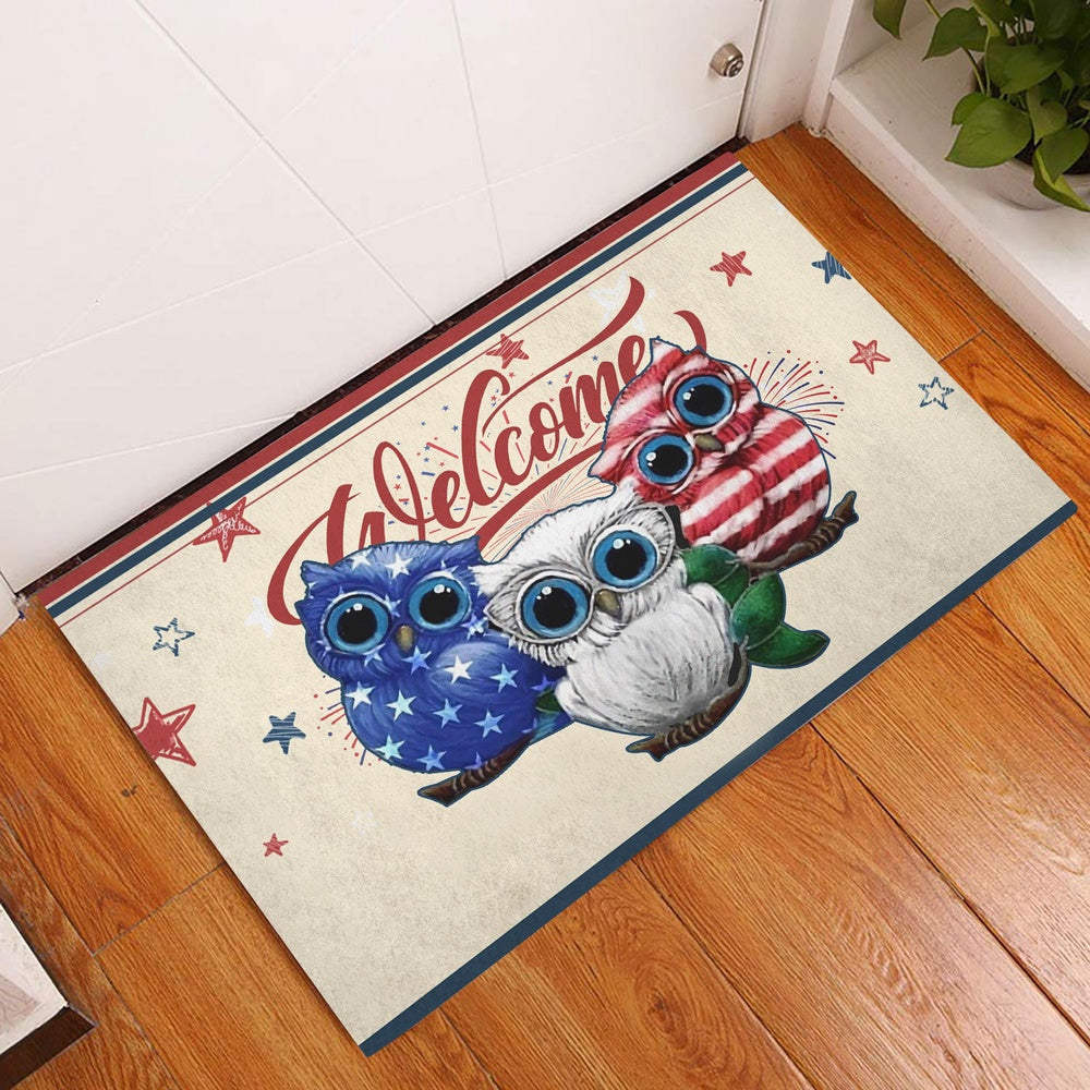 Welcome Doormat, Owl Patriotic American Firework 4Th of July Independence Day Welcome Doormat, Pets Home Decor Door Mat