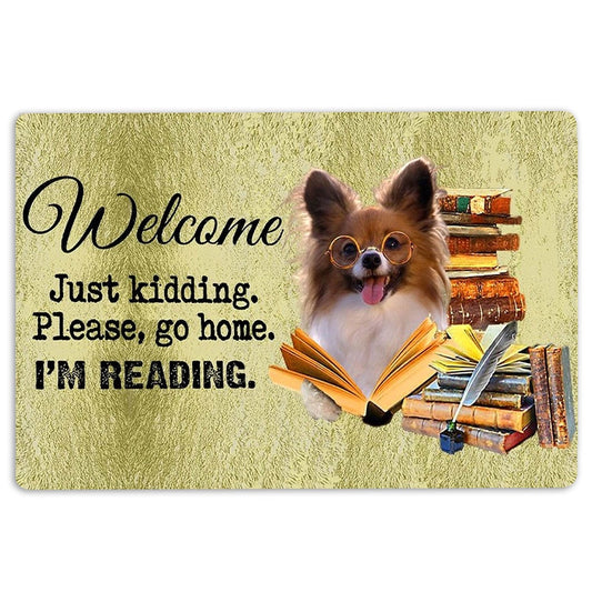 Welcome Doormat, Papillon Dog And Book Please Go Home I'm Reading Welcome Doormat, Pets Home Decor Door Mat