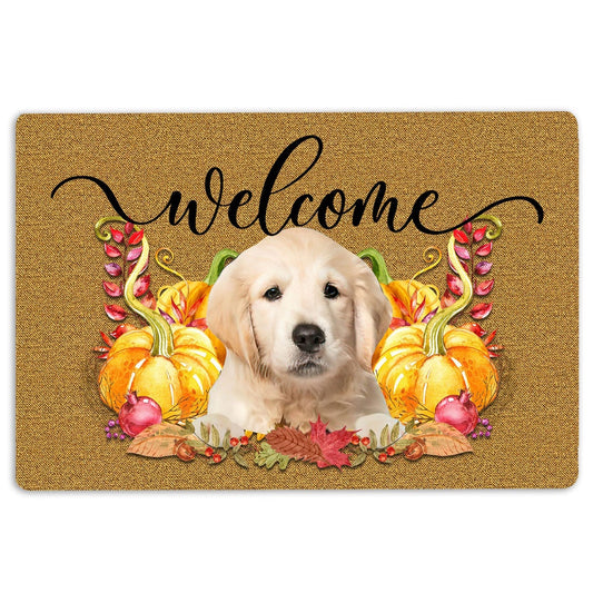Welcome Doormat, Pumpkin Spice Yellow Labrador Dog Welcome Fall Autumn Welcome Doormat, Pets Home Decor Door Mat