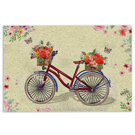 Welcome Doormat, Red Bike Bicycle with Flowers Welcome Floral Grey Welcome Doormat, Indoor Outdoor Doormat Home Decor