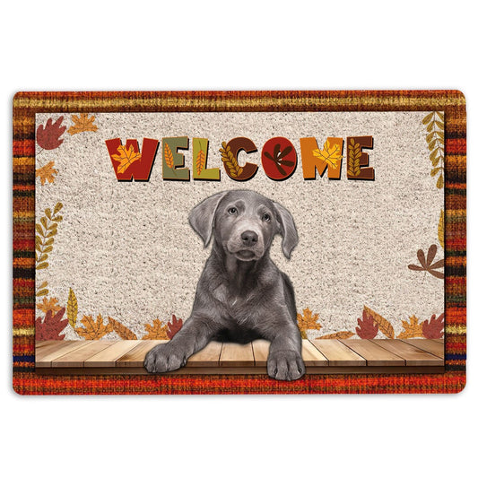 Welcome Doormat, Silver Labrador Dog Welcome Fall Autumn Pumpkin Spice Maple Leaf Welcome Doormat, Pets Home Decor Door Mat